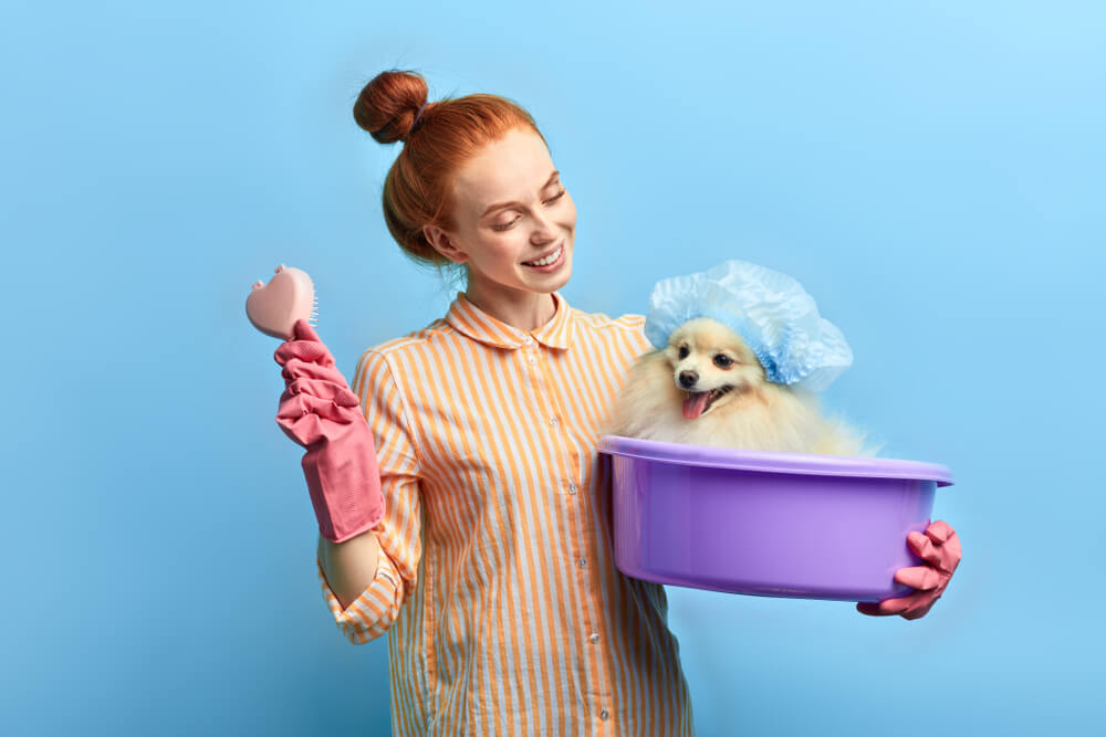 woman-bathes-grooms-her-dog-at-home