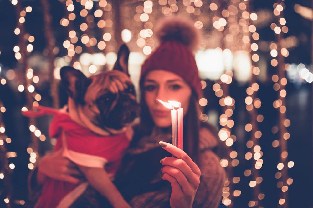 woman-holds-french-bull-dog-and-lit-candles-during-the-holidays