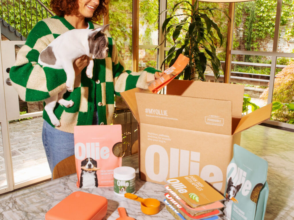 Woman unpacking an array of dog food, treats, and supplements on kitchen counter with her dog
