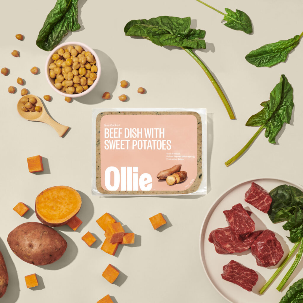 An overhead still life of a pack of Ollie Beef Dish with Sweet Potatoes fresh dog food surrounded by a variety of fresh vegetables and beef on a beige background.