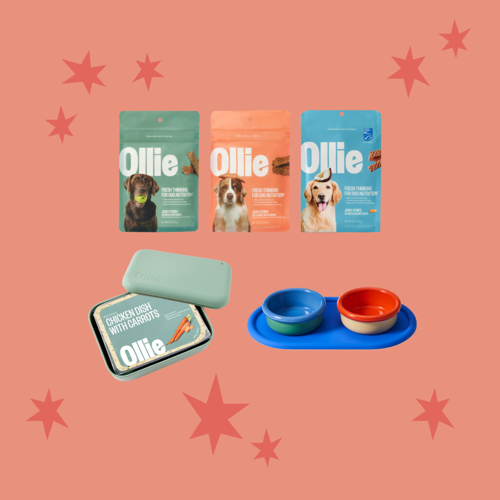 A collage on a light red background with dark red stars, with 3 packs of Ollie Jerky Treat varieties, a pack of Ollie Chicken Dish dog food in a green puptainer, and a multicolored set of ceramic dog bowls on a blue tray.