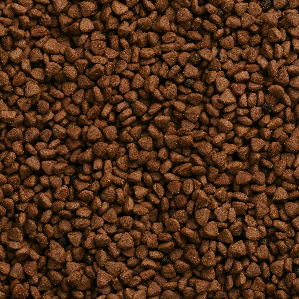 A macro image of brown dog kibble filling the frame